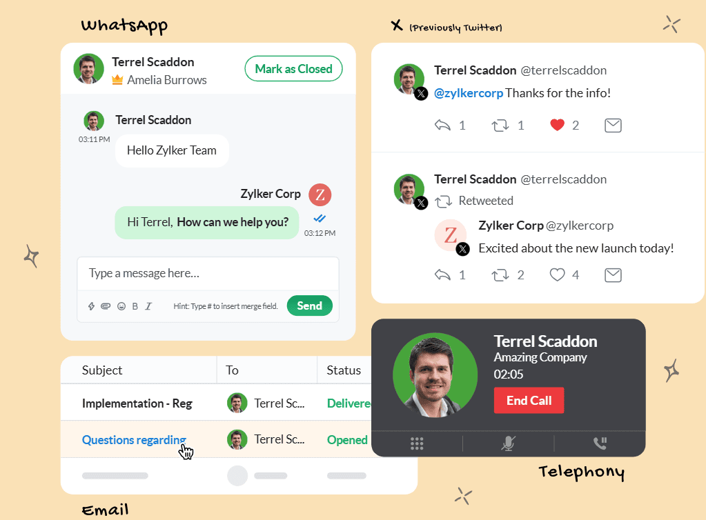 crm integration with email, phone calls, WhatsApp, social media
