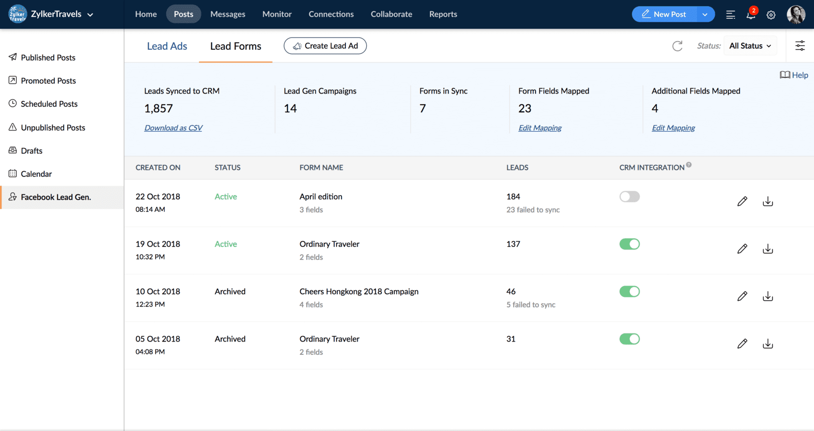 zoho social lead forms